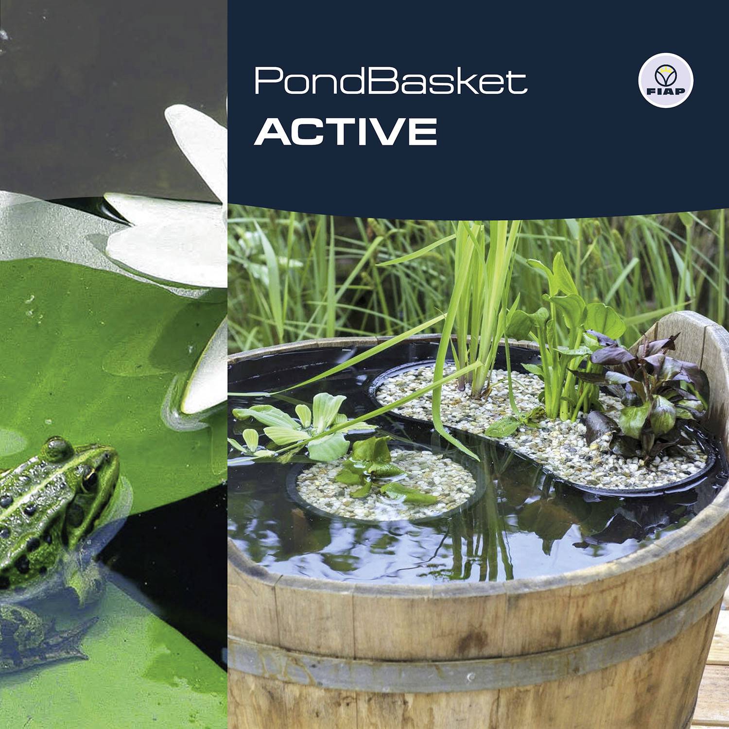 A green water basin with a floating plant in the foreground and a green frog. Next to it, a wooden tub with water plants. At the top, it reads 'PondBasket ACTIVE'.