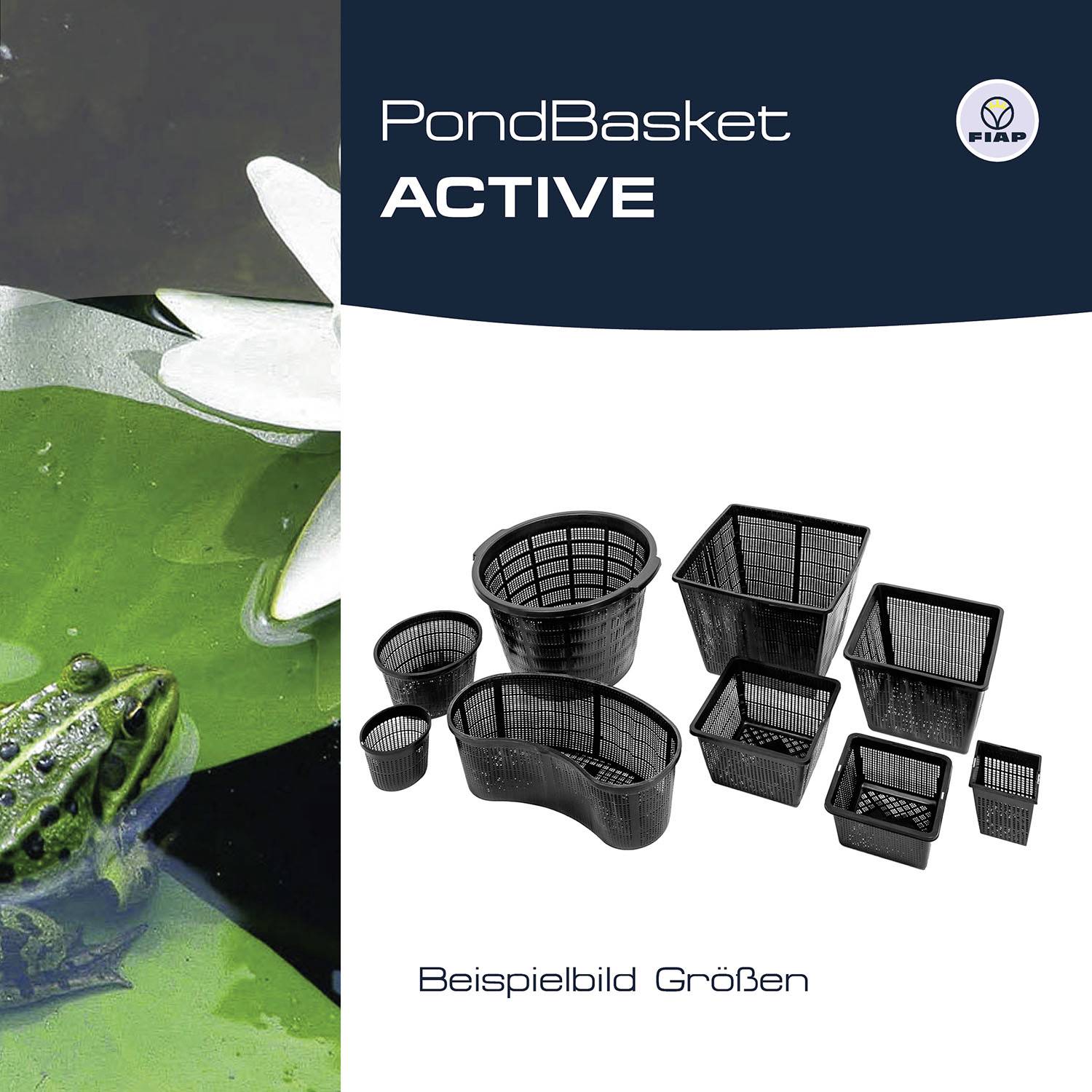 'PondBasket ACTIVE' image shows various basket sizes for ponds, accompanied by a frog and water lily.