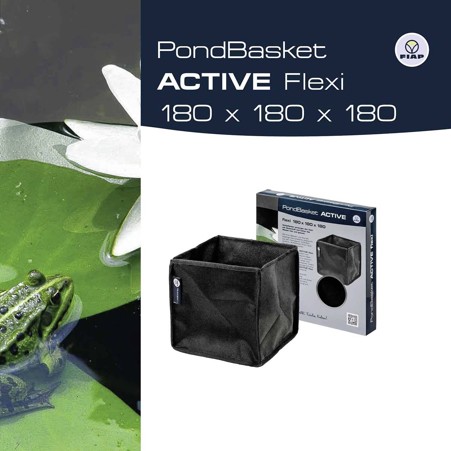 A black flexible pond basket by FIAP with dimensions of 180 x 180 x 180 mm, suitable for use in garden ponds.