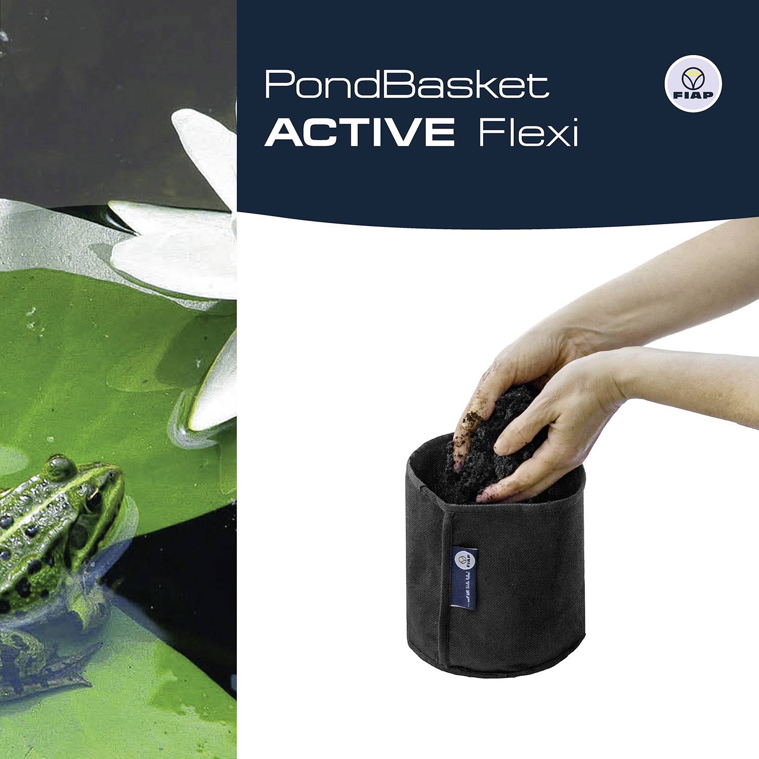 'PondBasket ACTIVE Flexi' by FIAP; right hand holding a flexible basket, left side showing a pond with a frog. Product for pond maintenance.