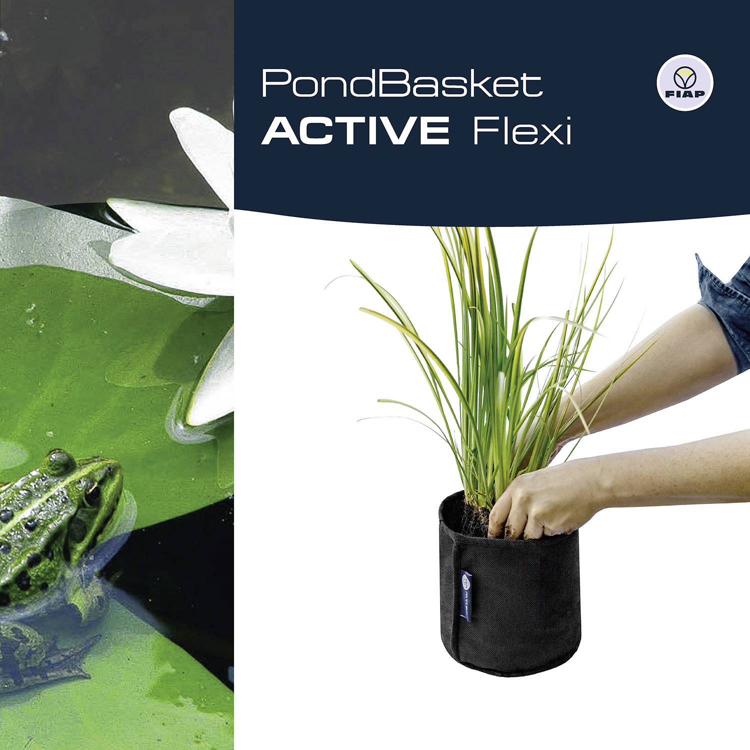 The 'PondBasket ACTIVE Flexi' product image shows a hand holding a flexible plant basket with reed grass. A frog is visible in the water on the left side.