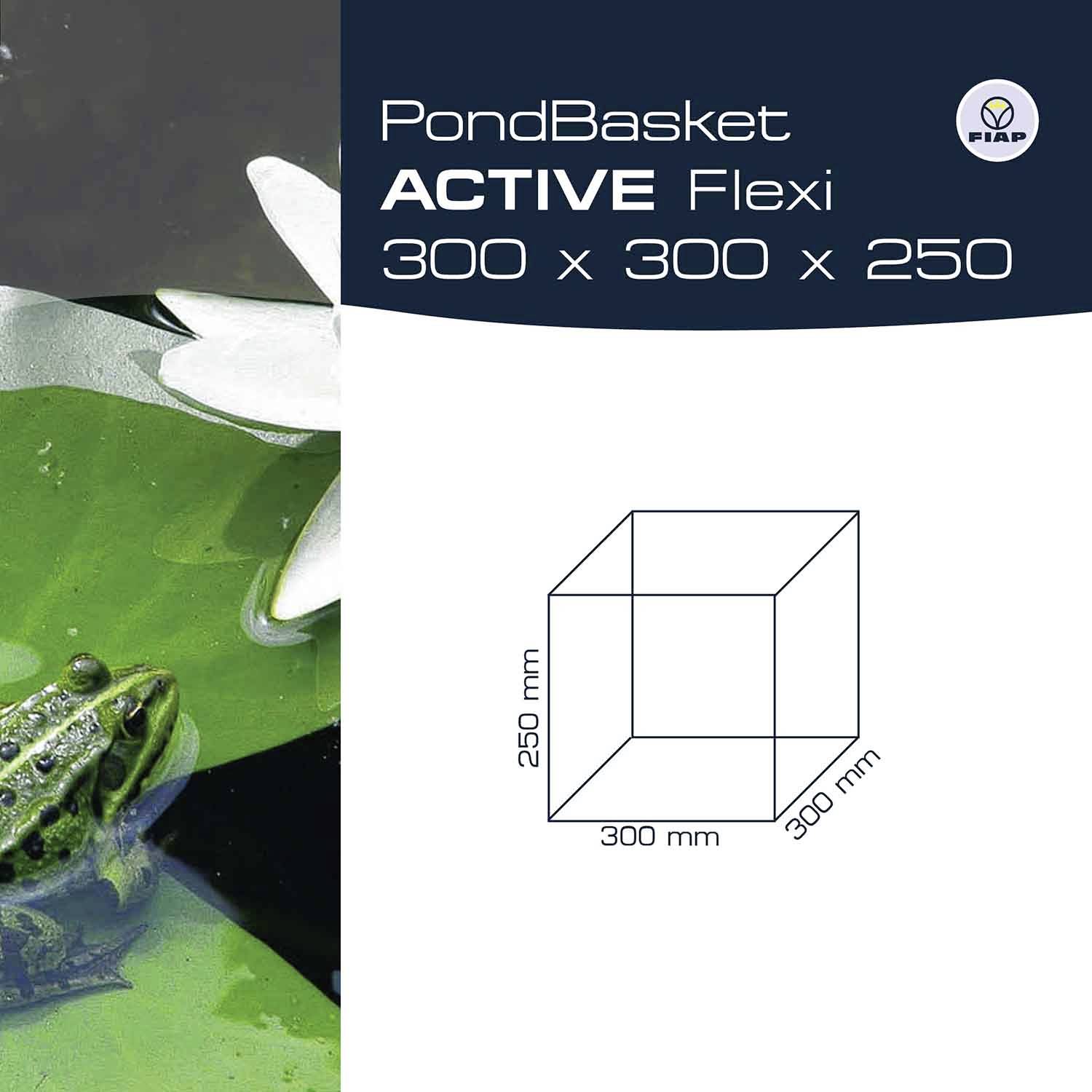 'PondBasket ACTIVE Flexi 300 x 300 x 250' beside a pond with a frog. Geometric sketch shows product dimensions.