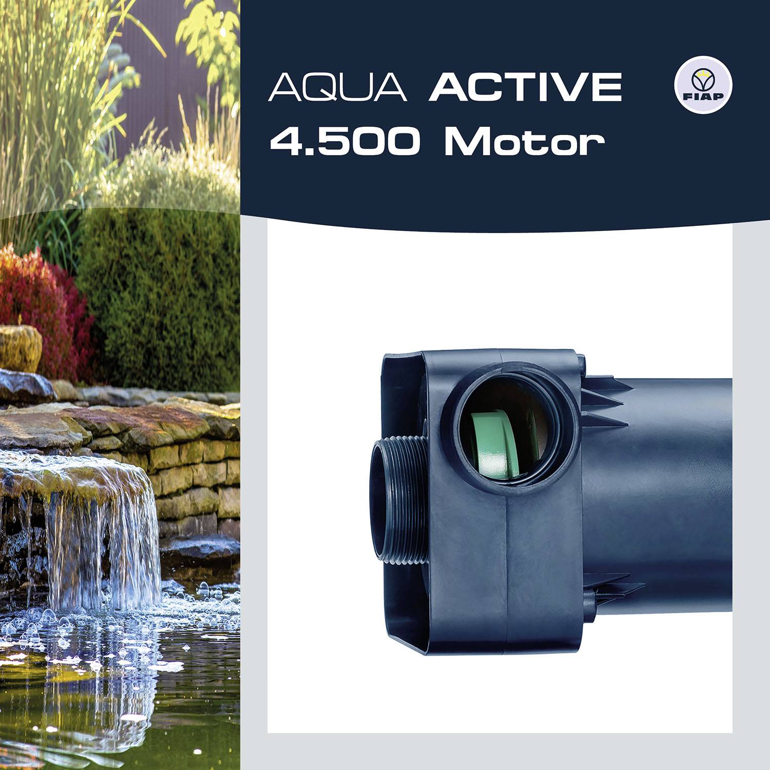 A motorised pump beside a waterfall with the text 'AQUA ACTIVE 4,500 Motor' and a company logo in the top right corner.