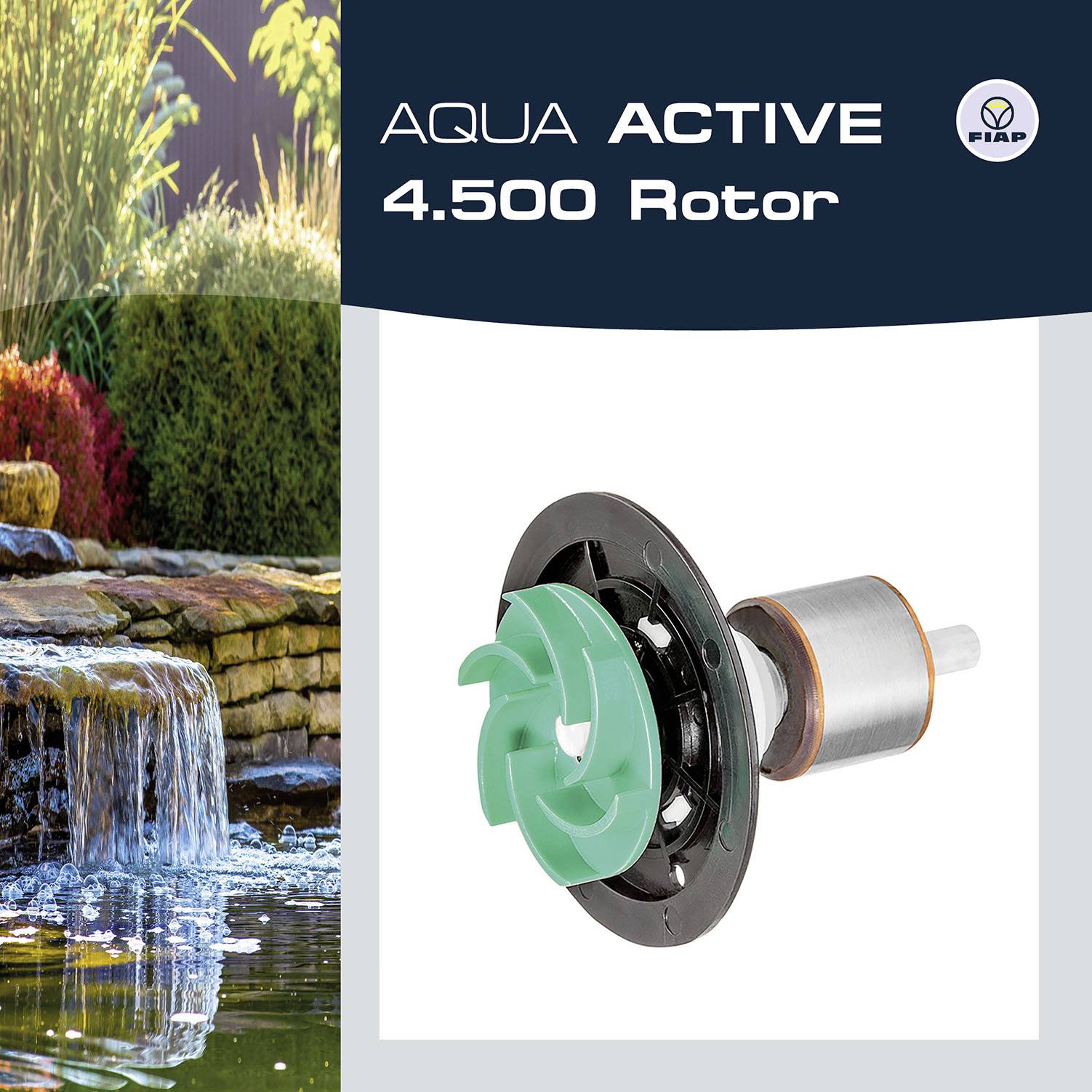 'AQUA ACTIVE 4.500 Rotor' beside an image of a rotor with a waterfall in the background. Brand logo in the top right corner.