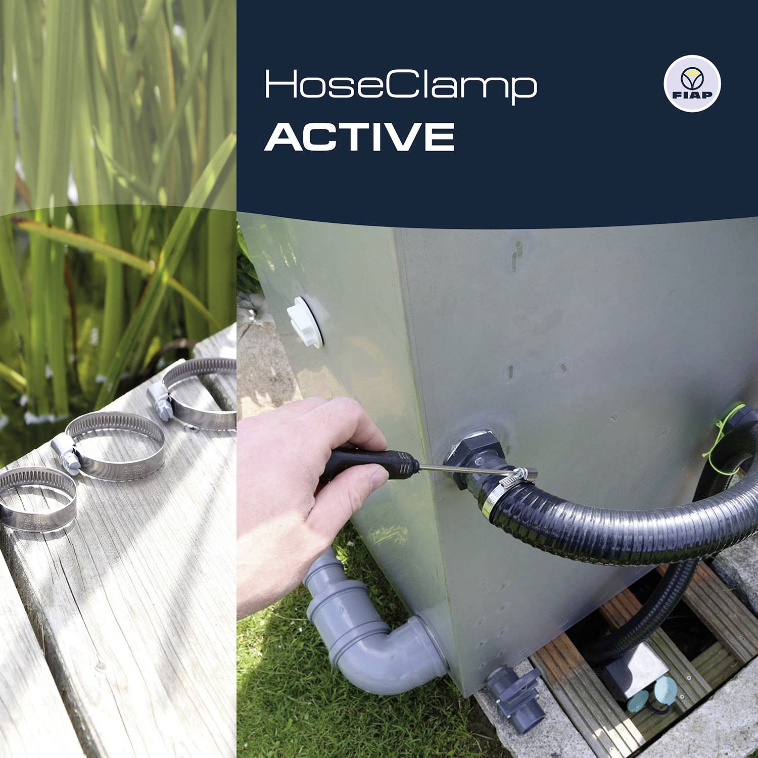 Metal pipe clips secure a black hose to a grey device. On the left, green plants and additional clips are visible.