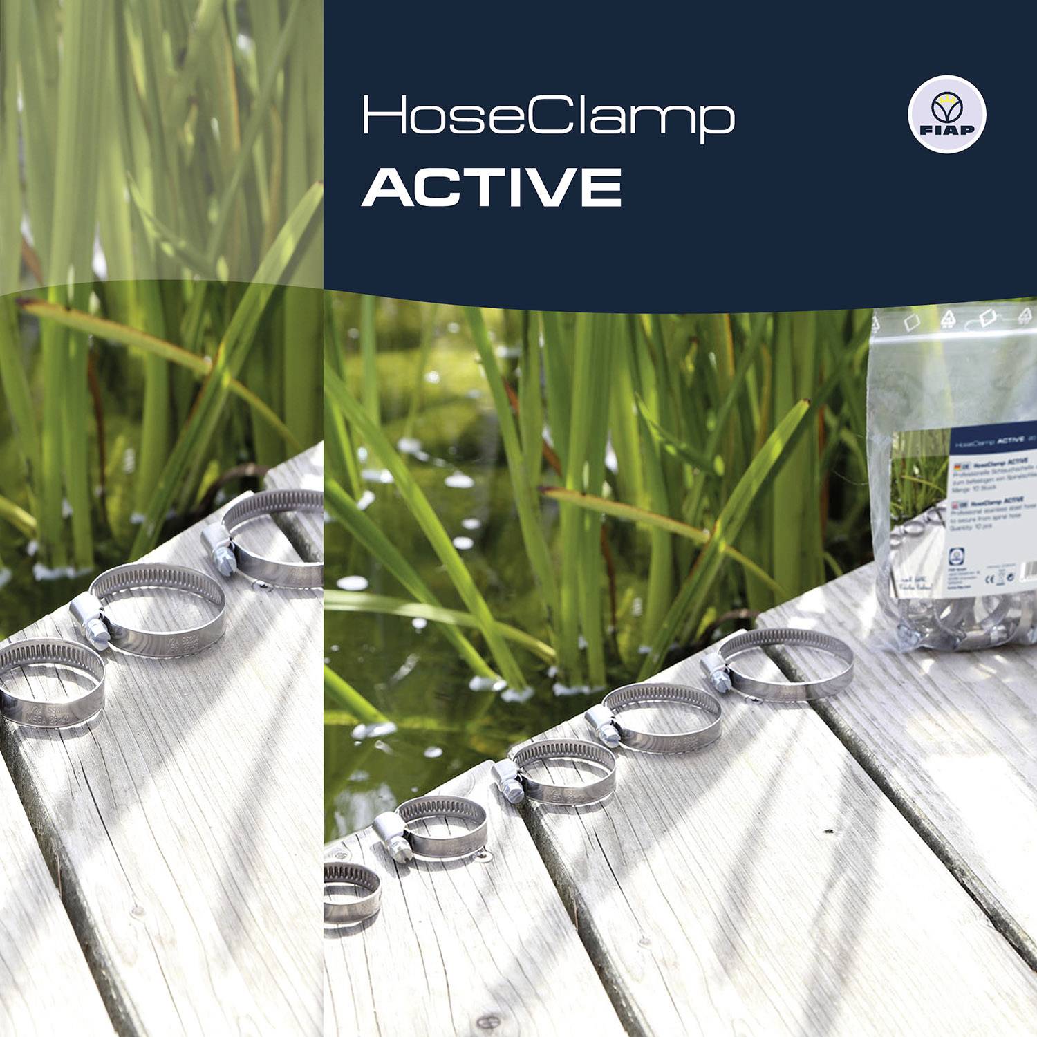 Metal pipe clamps on a wooden deck. Background: Plants and water. Packaging with company logo and product name.