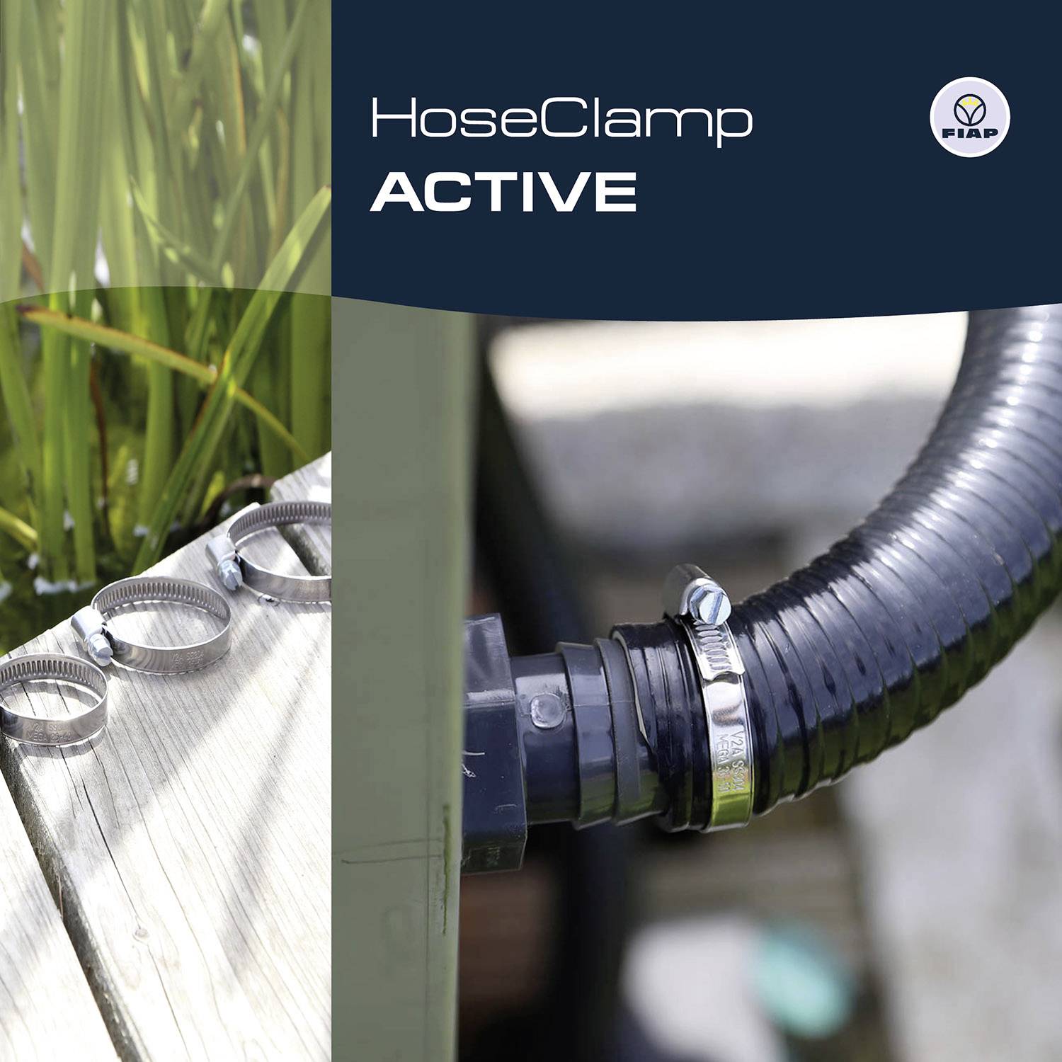 Rubber hose with attached hose clip, alongside additional clips and plants. Text 'HoseClamp ACTIVE', logo in top right corner.