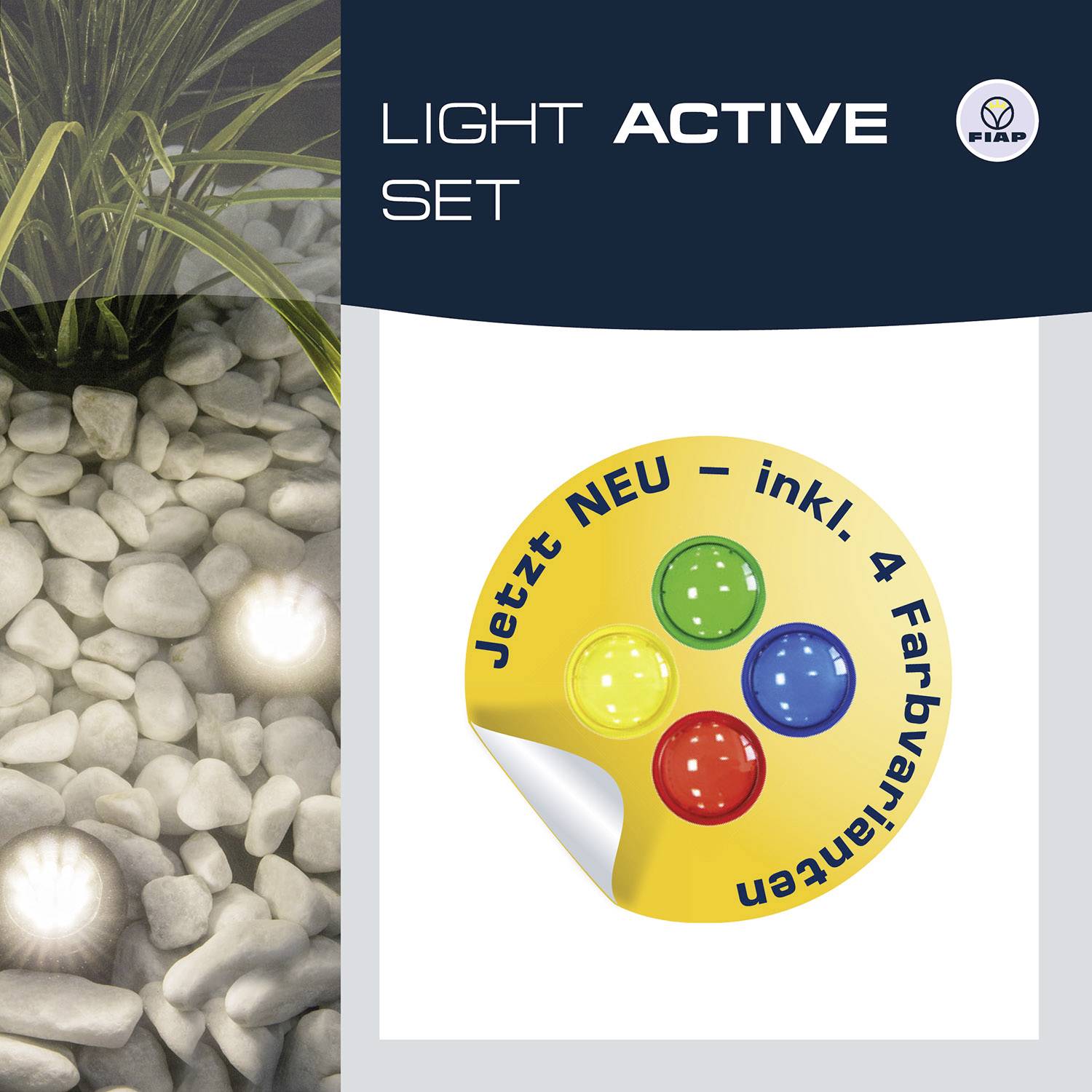 Light rays shine between stones. On the right, a sticker: 'NOW NEW – including 4 colour variants'. Text at the top: 'LIGHT ACTIVE SET'.