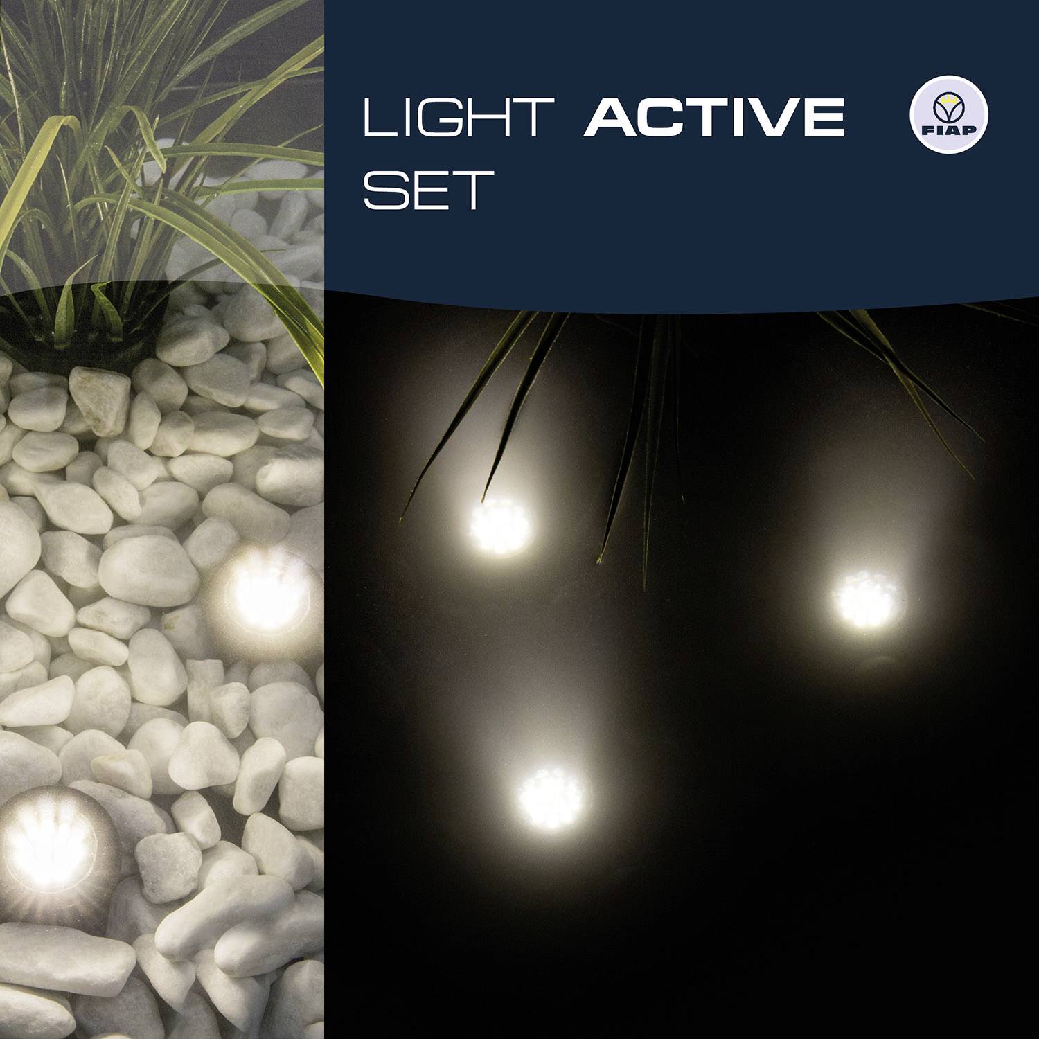 'Light Active Set' Lighting System: Four spotlights in a gravel bed, illuminating in the dark, placed on decorative stones.