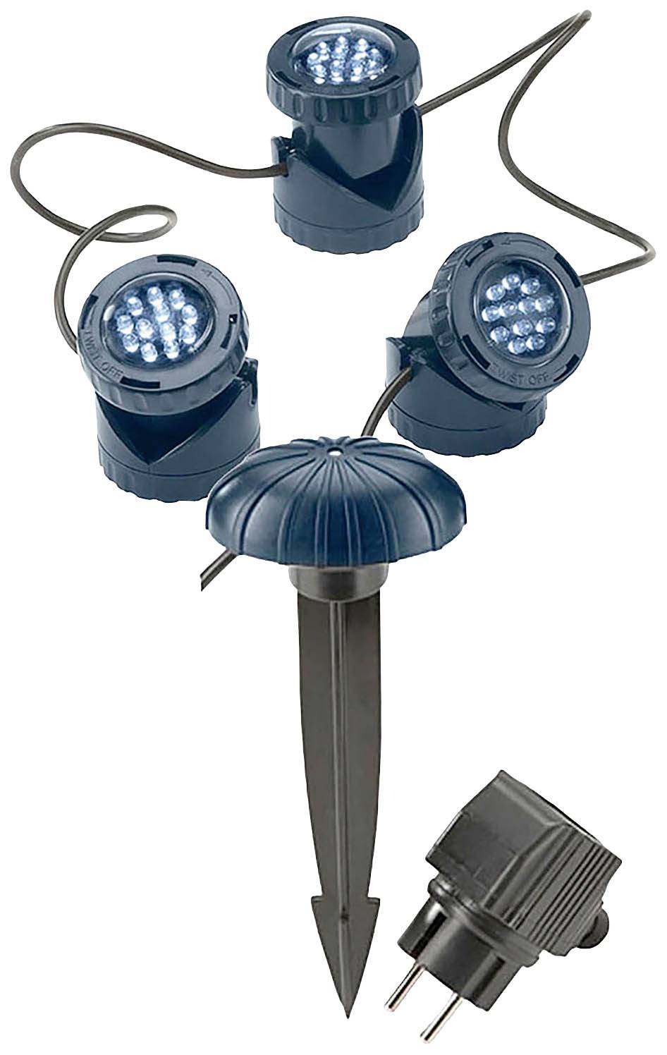 Garden spotlight set with three round LED lamps and ground spike, connected by cable. Includes mains plug. Suitable for outdoor lighting.