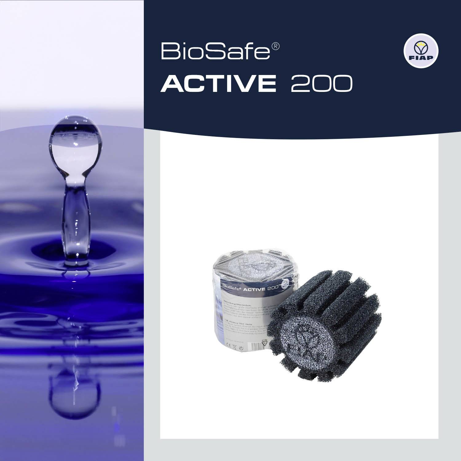 'Water droplets' next to product image of BioSafe Active 200 filter material. Fiap logo in top right corner.