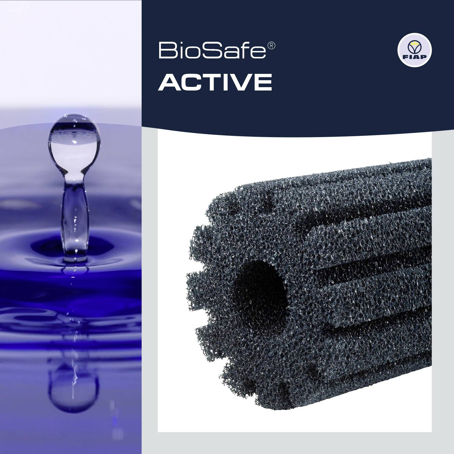 A product image of BioSafe Active featuring a water droplet and a close-up of a filter. The FIAP logo is positioned in the top left corner.