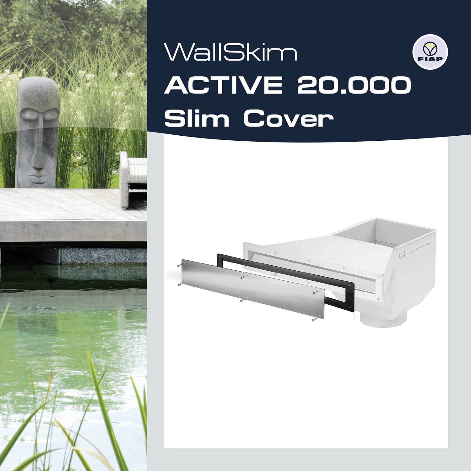 WallSkim ACTIVE 20,000, Slim Cover. Product display featuring a Zen pond in a concrete landscape with a rectangular pool and cover.