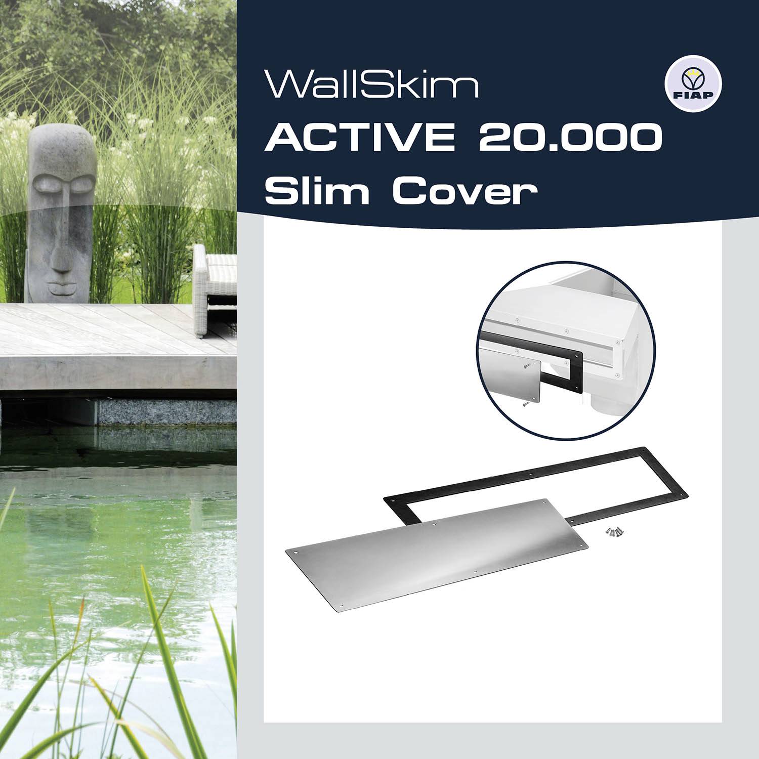Advertisement for the 'WallSkim ACTIVE 20,000 Slim Cover' with a modern design, showing product image and a garden with water.