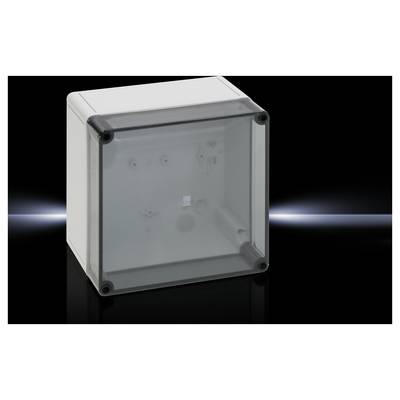Grey-translucent plastic box with a square shape, placed on a glossy black surface with light reflection.
