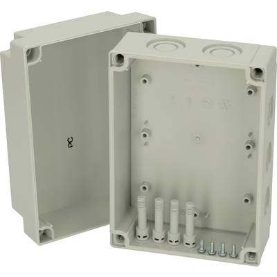 'Plastic housing, rectangular, positioned without cover in the centre, with screws and openings for cable entry.'