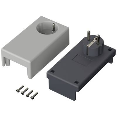 A grey and a black rectangular enclosure, shown from above, with four accompanying screws. The black enclosure has a Schuko plug.