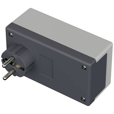 A rectangular, grey plug adapter with two round pins.