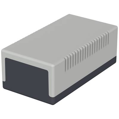 Grey, rectangular electronic enclosure with ribbed sides. Used for housing electronic components.