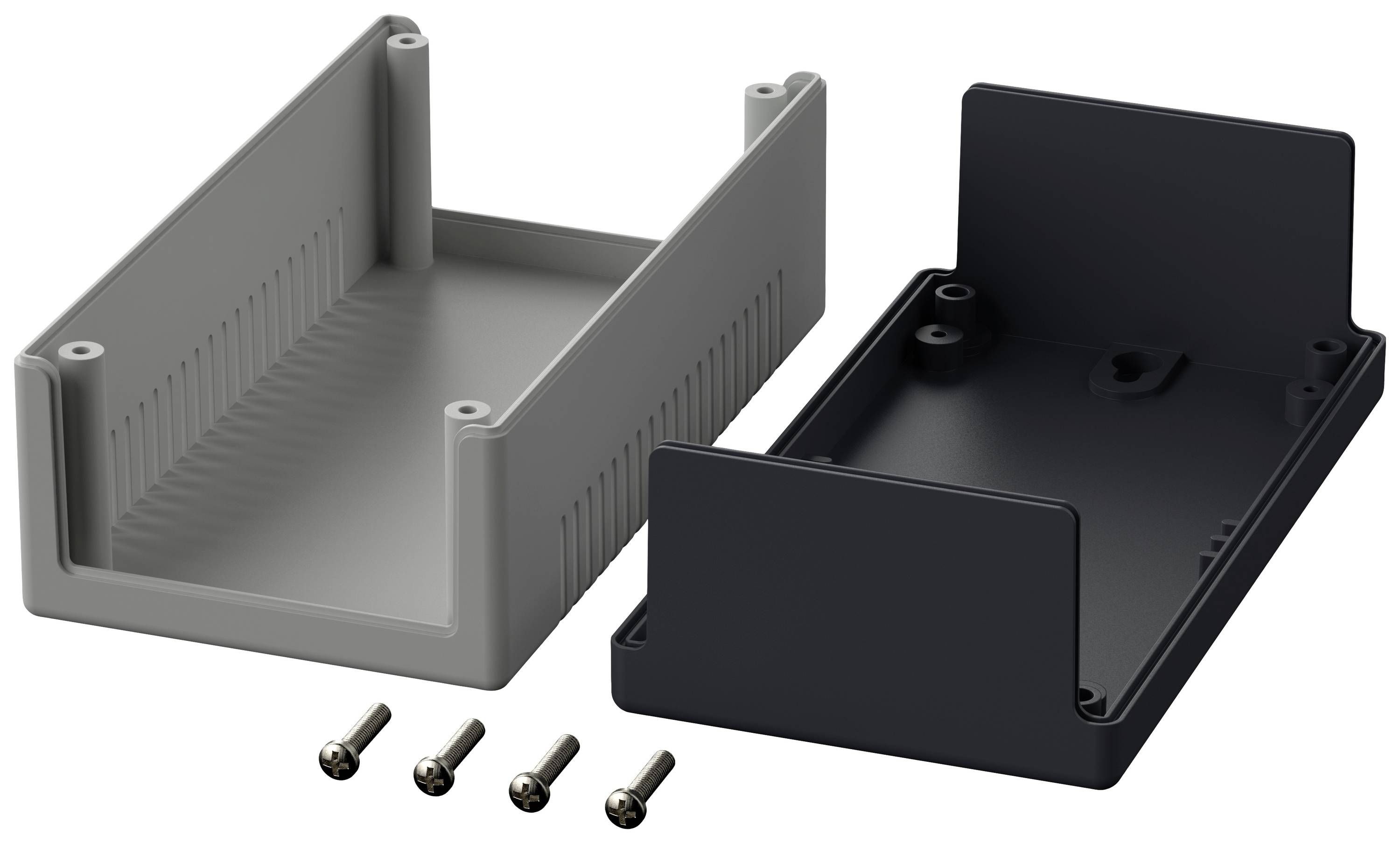 Housing made of grey and black plastic, consisting of two halves, with four corresponding screws shown at the front.