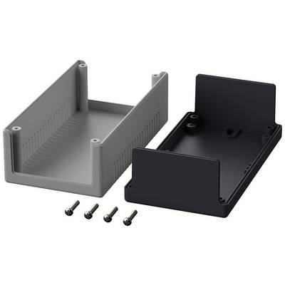 Housing made of grey and black plastic, consisting of two halves, with four corresponding screws shown at the front.