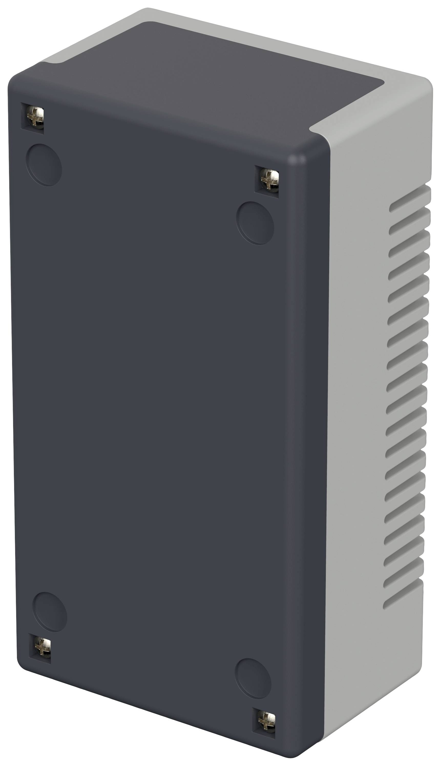 Rectangular grey plastic casing with screws on the front and ventilation slots on the sides.