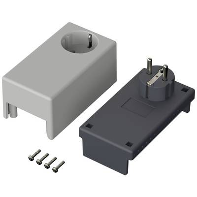 Grey adapter housing cover with matching base. Next to it are four small screws.