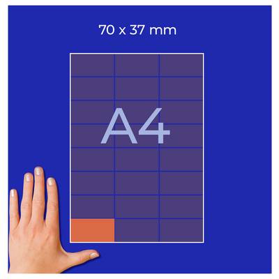 A4 template with dimension specification '70 x 37 mm' and grid; at the bottom left, an orange area marks the space for a thumbnail image.