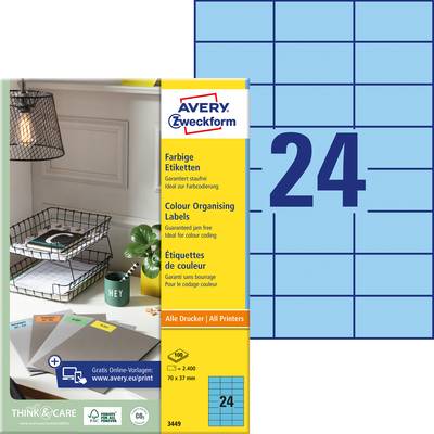 Avery-Zweckform 3449 All-purpose labels 70 x 37 mm Paper Blue 2400 pc(s) Permanent adhesive Inkjet printer, Laser printe