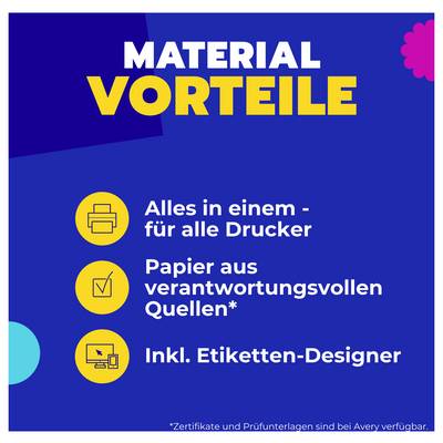 Advertising graphic with the heading 'MATERIAL BENEFITS' and three points: 'Everything in one - for all printers', 'Paper from responsible sources*', 'Incl. label designer'.