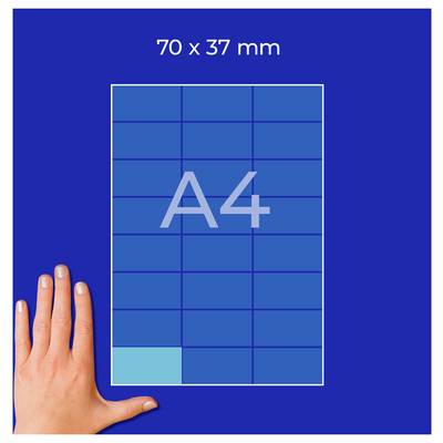 Diagram of an A4 format with measurement specification '70 x 37 mm'; hand beside it shows the small size in comparison to the sheet.