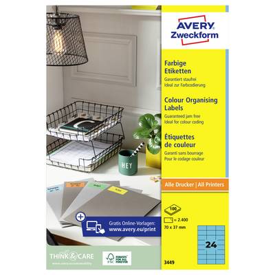 Avery Zweckform product ad for colorful organizing labels, showing label sheets on a desk with office decor and multilingual text about free templates and printer compatibility.<br>