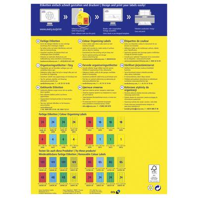 Promotional poster for Avery labels, showing steps to design, print, and apply organizing labels in multiple languages with color-coded label examples and product options.