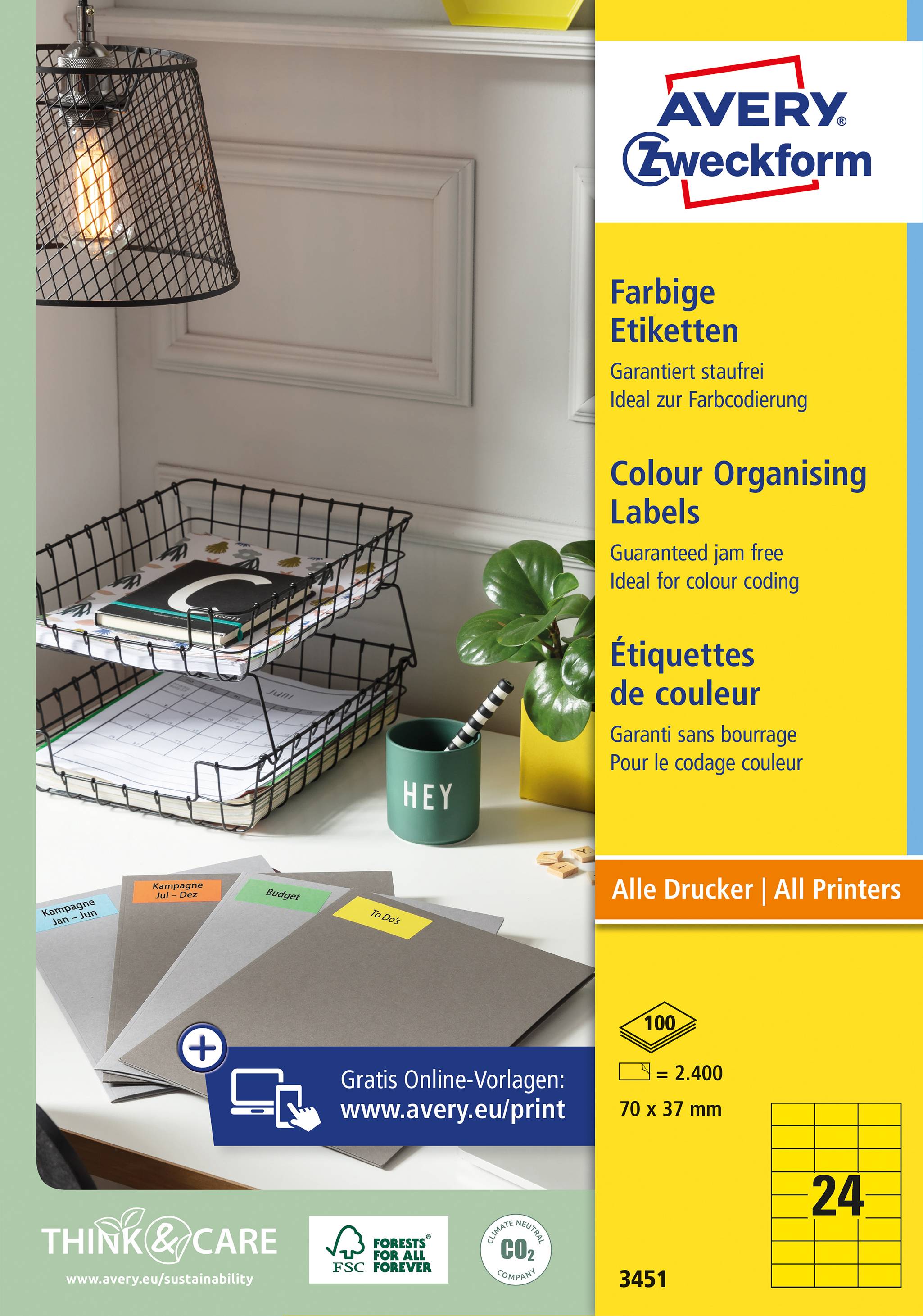 Avery Zweckform Label Pack: 24 colourful labels per sheet, ideal for colour coding. Suitable for all printers.