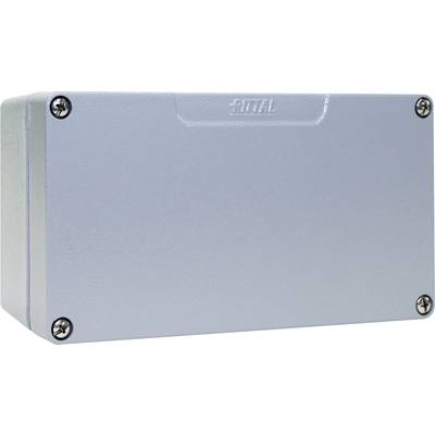 Grey, rectangular metal enclosure with four screws at the corners, suitable for technical applications or cable protection.