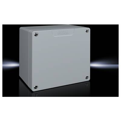 Grey marled plastic box with four screws at each corner, set against a black background. Light reflects on the surface.