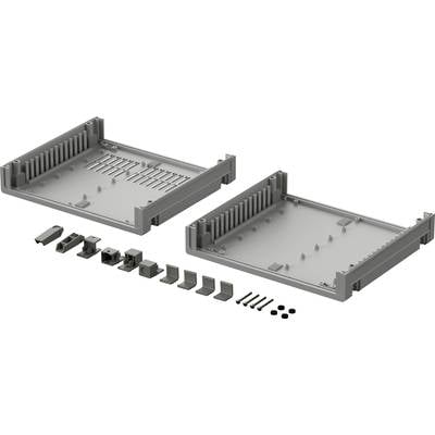 Electronic enclosure in two halves with various connector parts and screws, prepared for assembly.