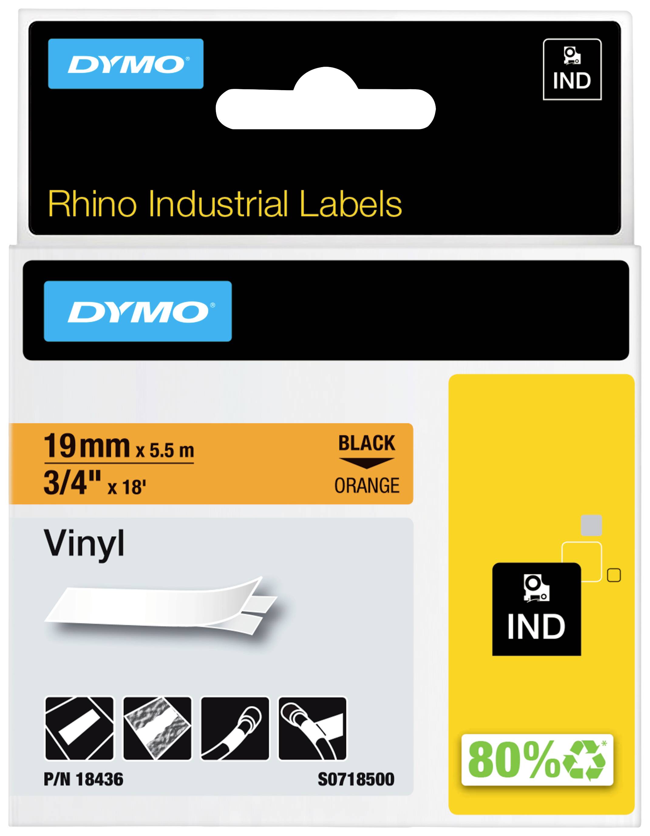 Packaging Label for DYMO Rhino Industrial Labels: 19mm x 5.5m, black text on orange vinyl, 80% labels per roll.