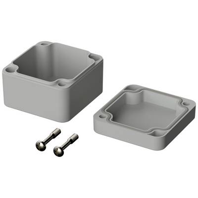 A rectangular, grey plastic container with a removable lid, with two metal screws beside it. Used for electronics enclosures.