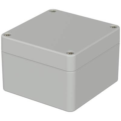 A grey plastic enclosure with a removable cover and four screws at the corners. Suitable for electronic components.
