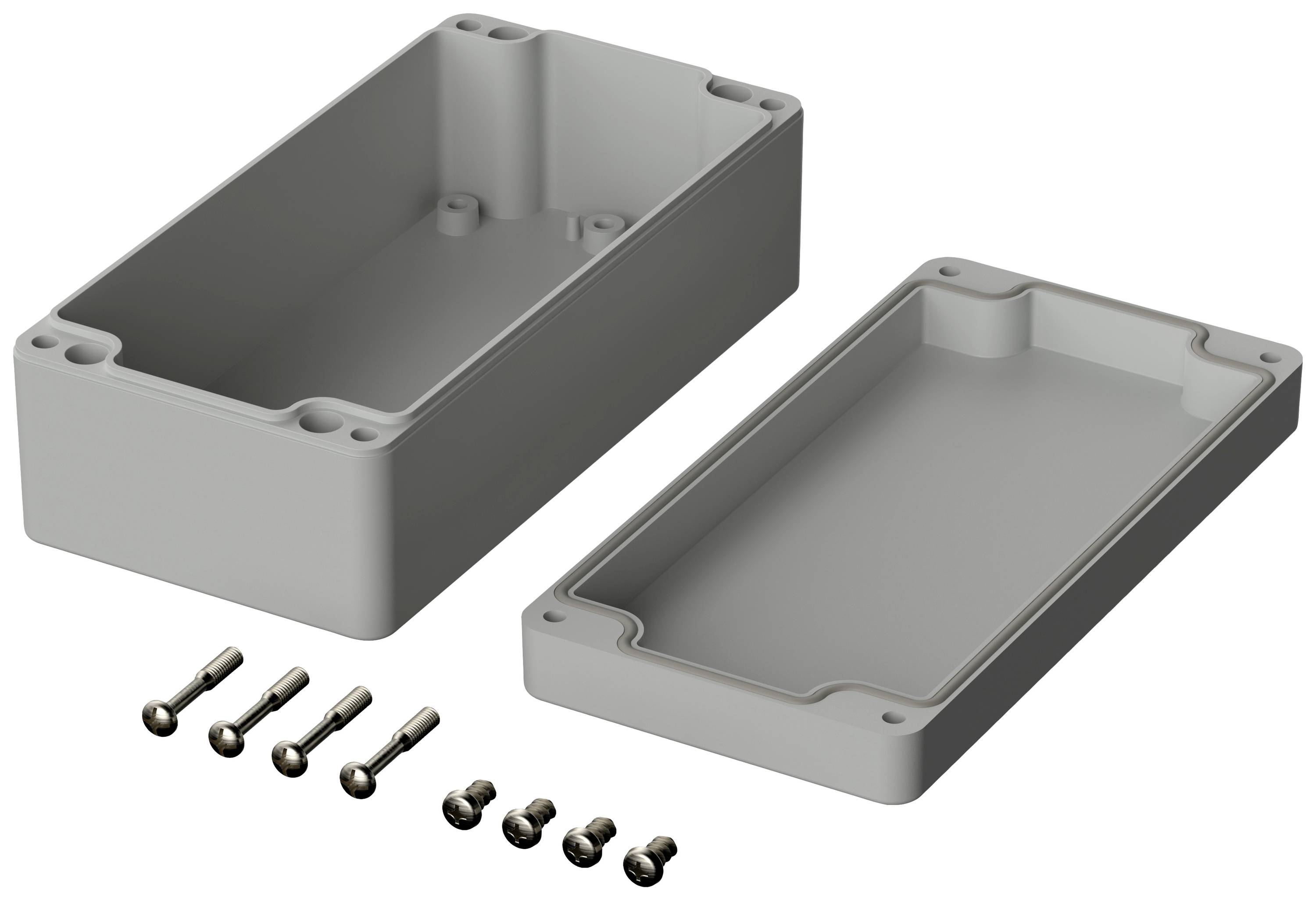 A grey, rectangular enclosure with its lid removed, two parts, with six screws beside it.