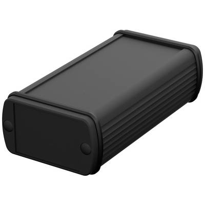 A rectangular, black enclosure with rounded corners and a ribbed surface on the sides, typically used for electronic devices.