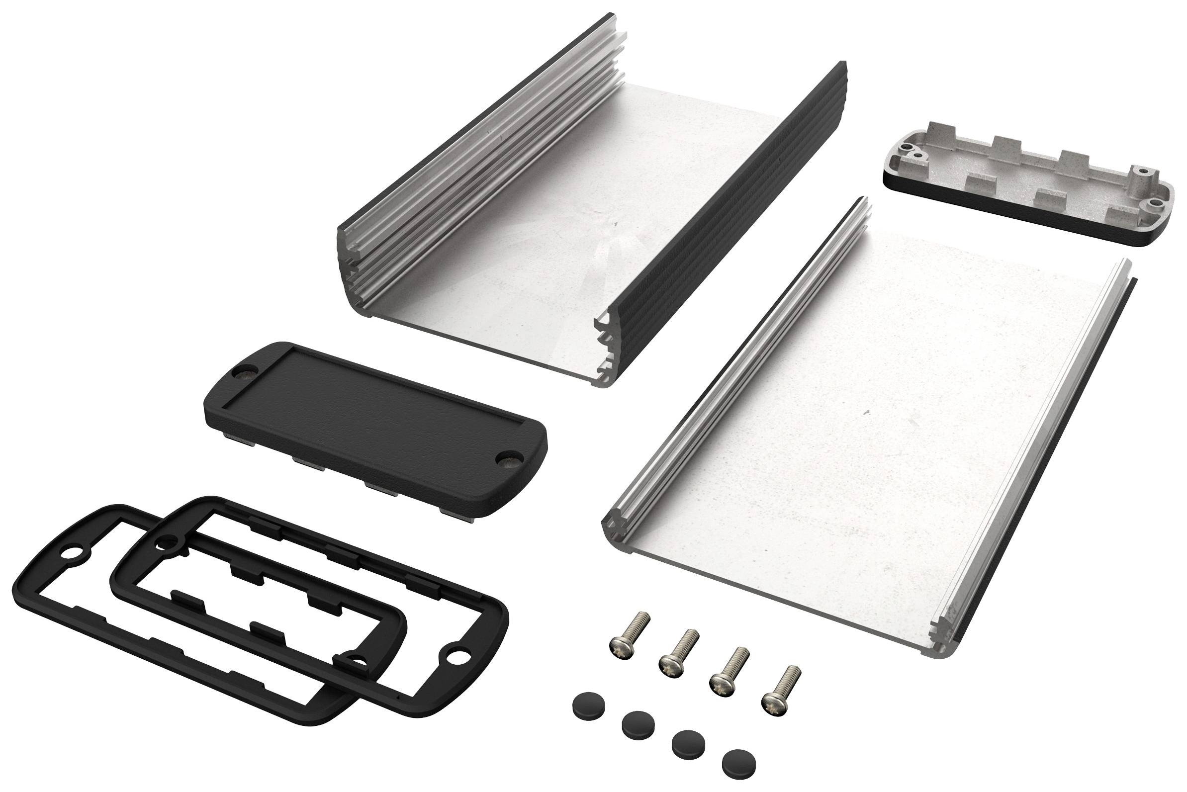 Metal enclosure kit consisting of two case lids, side rails, seals, screws and rubber plugs, shown disassembled.