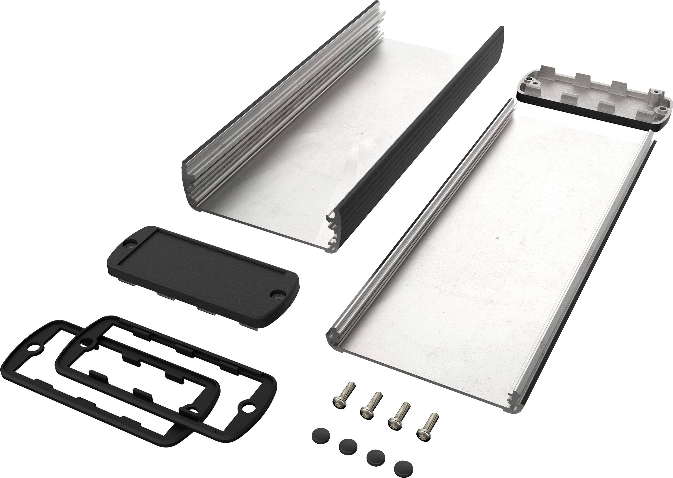 Parts of an aluminium enclosure, consisting of two shells, sealing gaskets, screws and rubber feet, for electronic assembly.