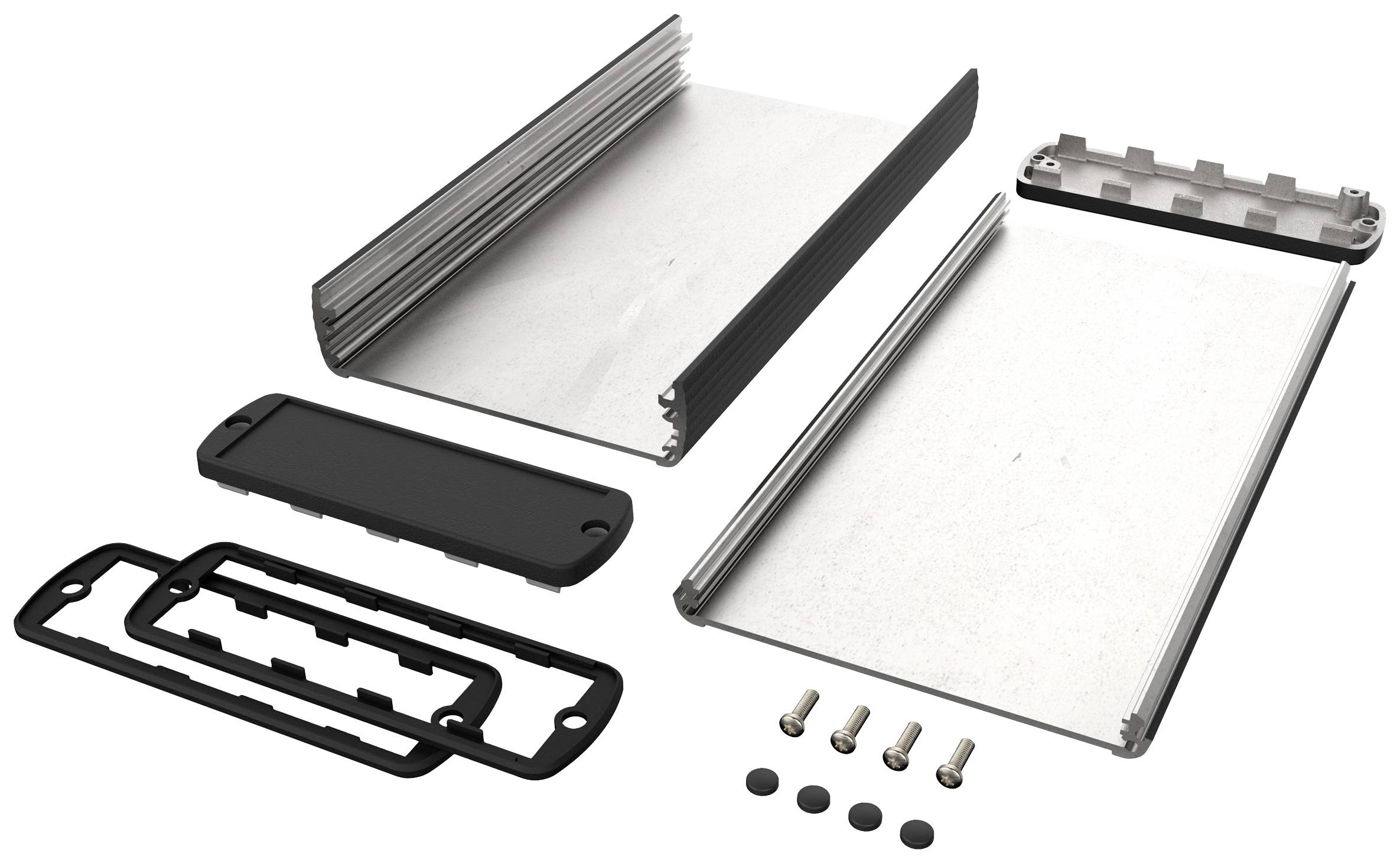 Aluminium enclosure, consisting of two side profiles, two cover plates, rubber seals, screws and end caps, on a white background.