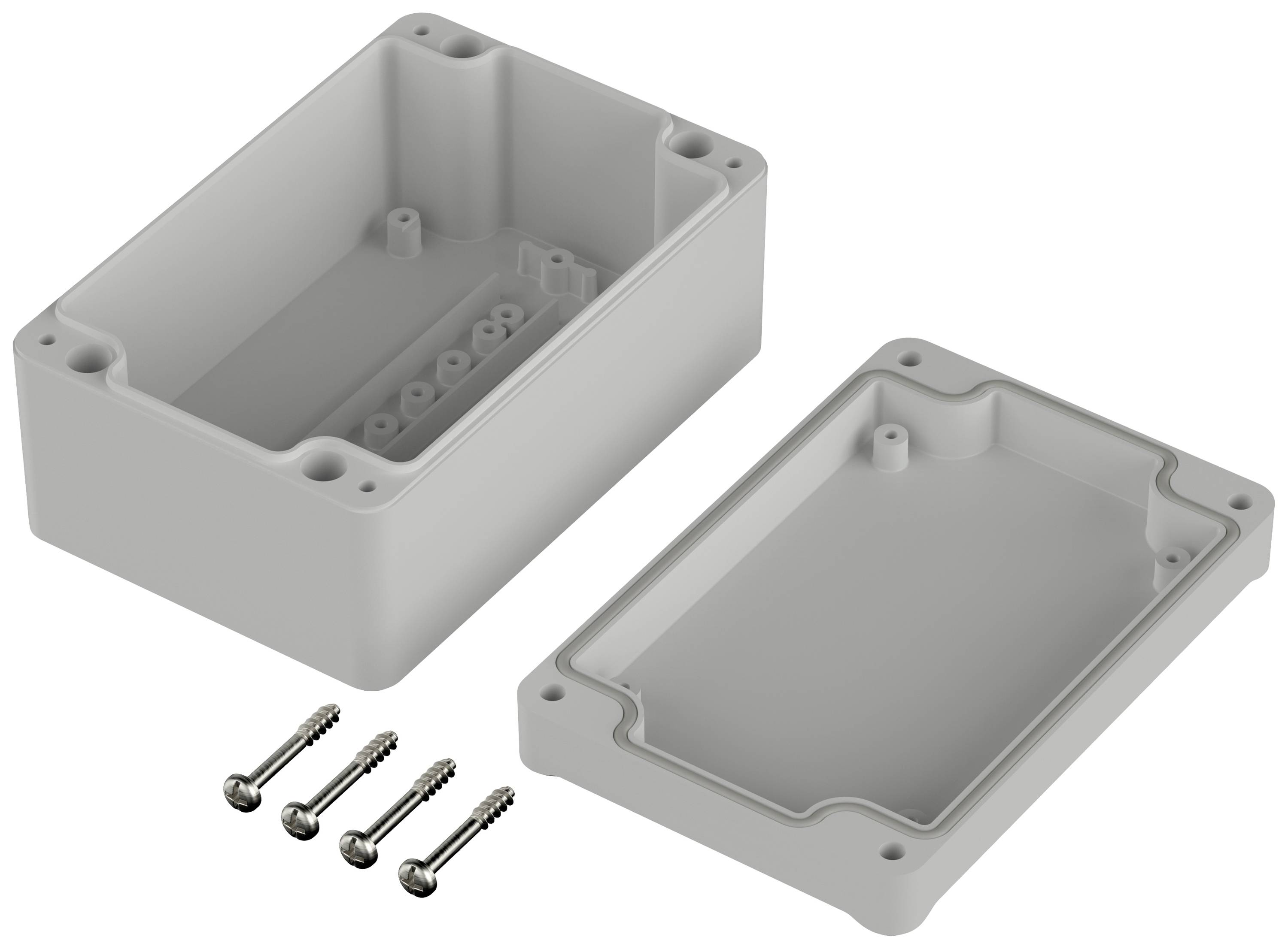 Plastic electronics enclosure consisting of two parts with screws for fastening, revealing the interior of the housing.