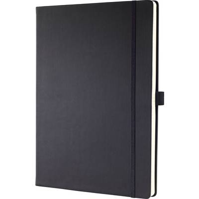 Black hardcover notebook or journal with a textured cover, elastic strap, and ribbon bookmark visible on the right side.
