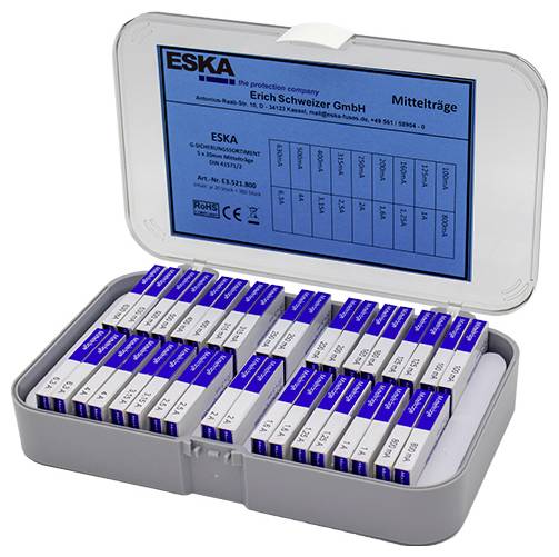 'ESKA' fuse box with 35 blue fuses of varying values in a grey plastic casing.