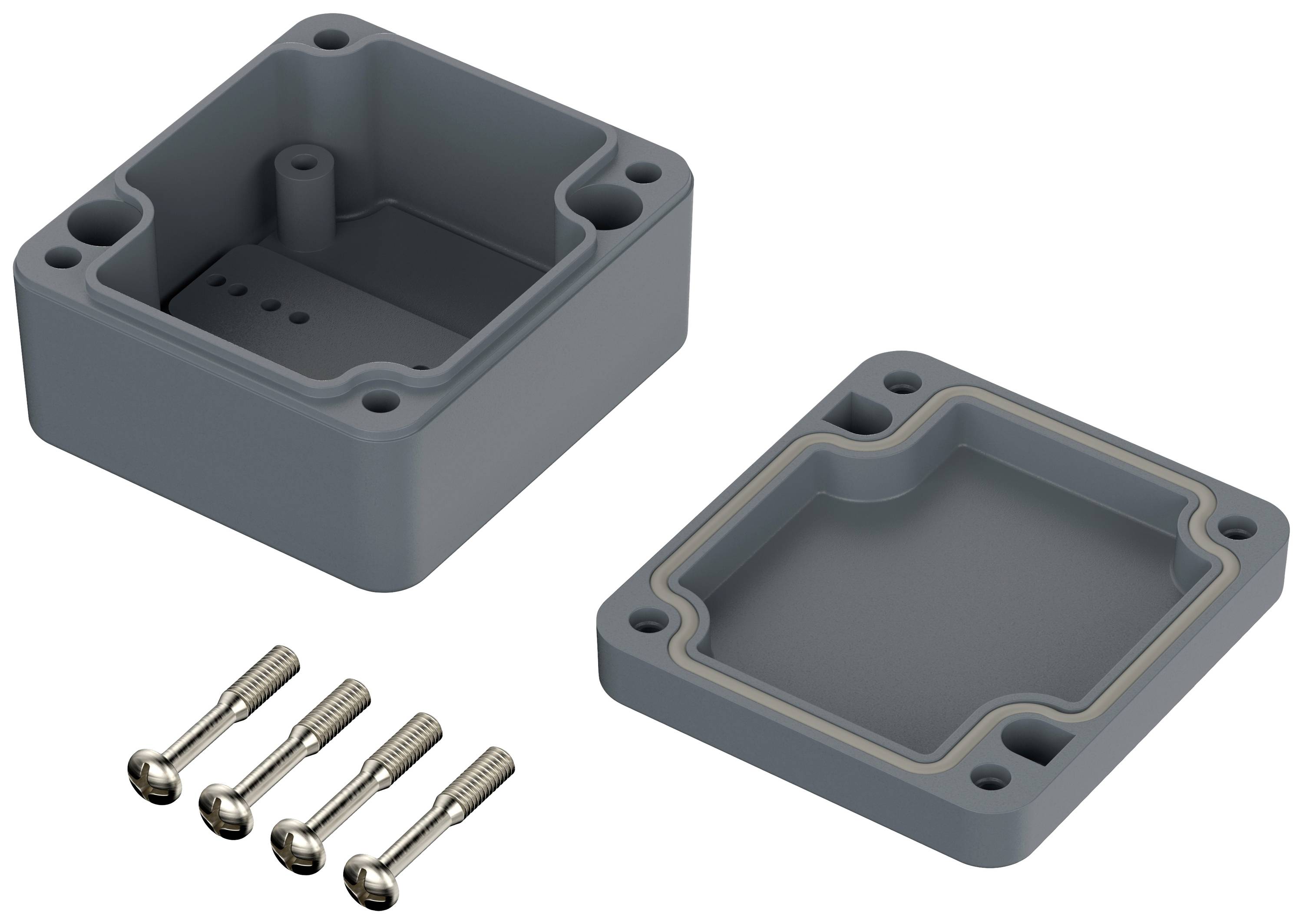 Grey rectangular plastic enclosure, comprising an upper and lower cover secured with four metal screws.