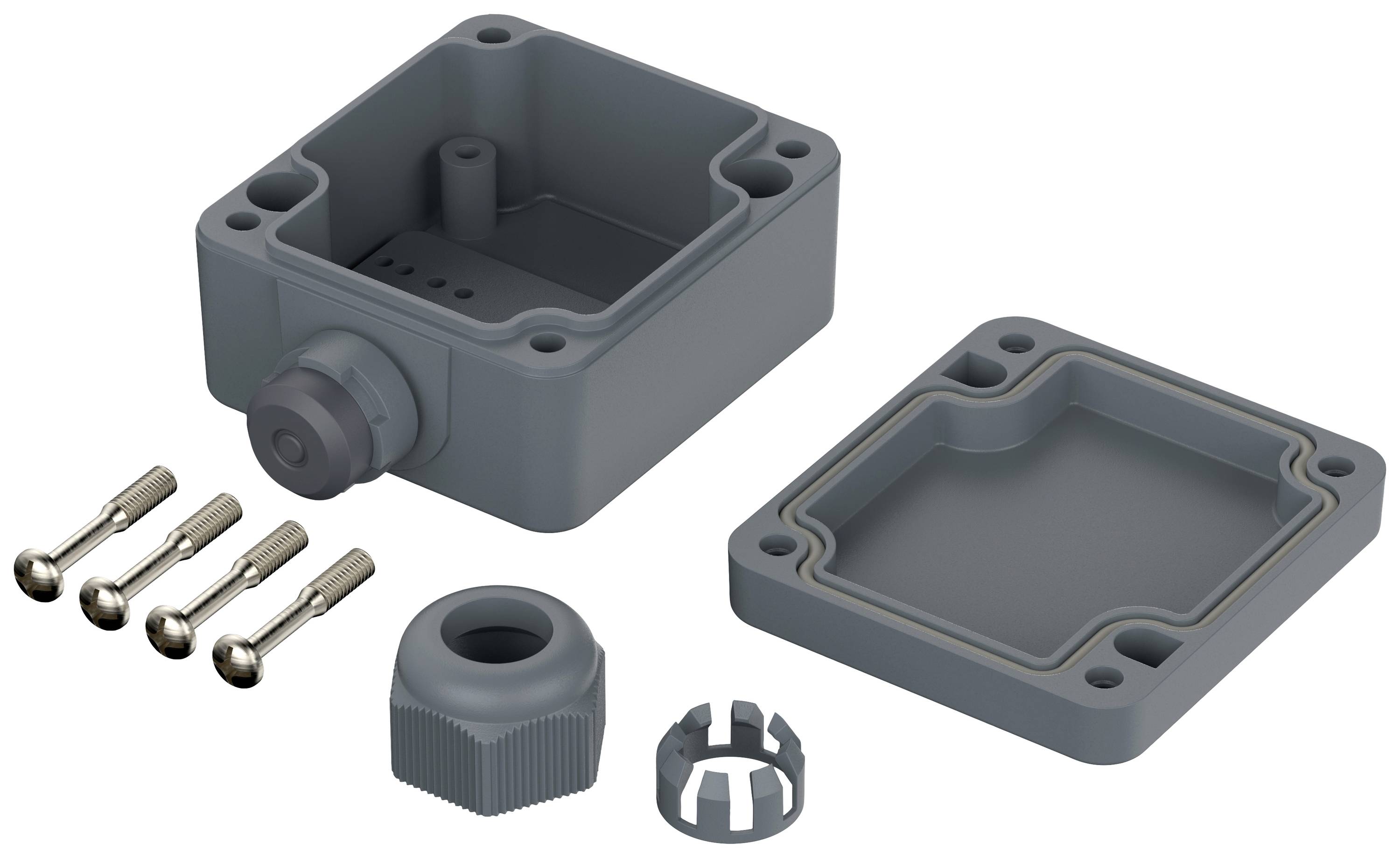 Grey, square enclosure with removable cover, screws, sealing gasket, and cable gland, for electrical connections.